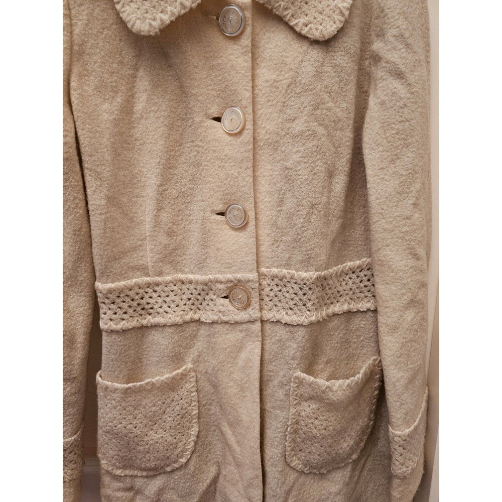 Classiques Entier Jacket M Crochet Button Up 100% Wool Beige Long Holiday Coat - Picture 3 of 10